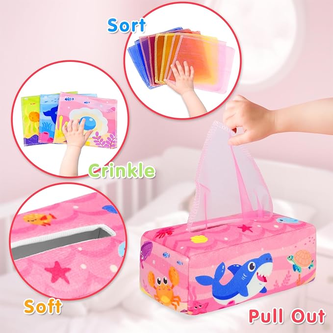 Aiduy Baby Tissue Box Toy - Baby Girl Toys Montessori Toys for Babies 6-12 Months - Soft Stuffed High Contrast Crinkle Infant Sensory Toy 6 7 8 9 10 11 12 Months Old Gifts Pink