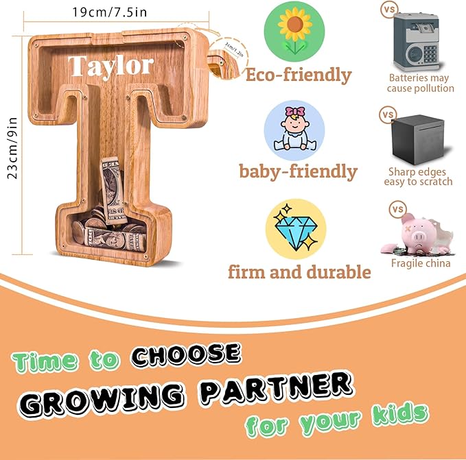 Wooden Letter Piggy Bank for Kids Larger Letter Piggy Bank for Boys and Girls Personalized Piggy Bank Initial Coin Bank Wood Kids Money Bank for Birthday and Festival