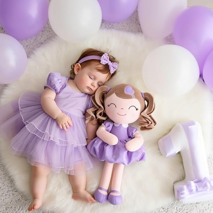 Gloveleya Baby Doll Gifts Plush Curly Girl Toys with Love 16" Purple Light Skin