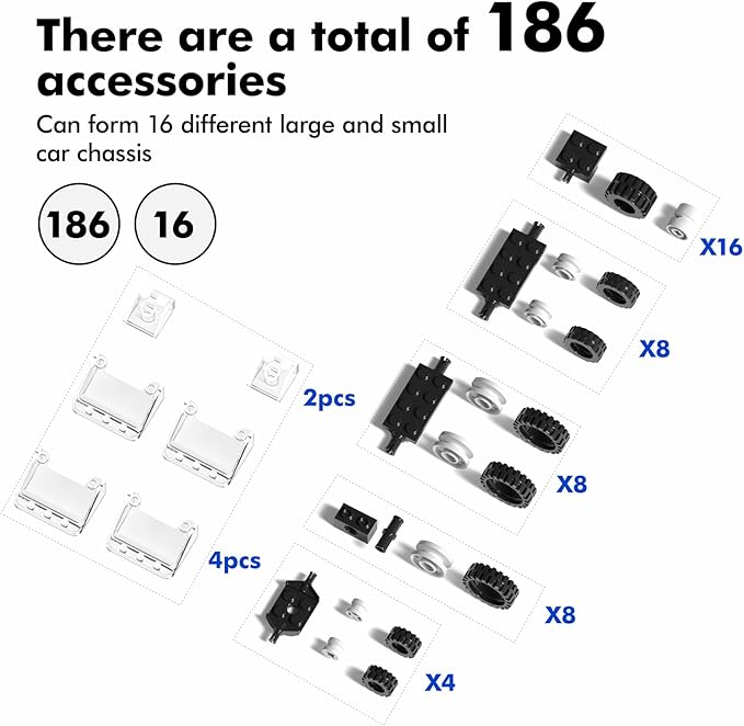 Wheels and Axles Sets Tires Building Kit with Windshield, Compatible with Lego Wheels and Axles, 186 Pcs Car Parts and Classic Pieces Accessories, Bulk Bricks Sets Education Construction Toys