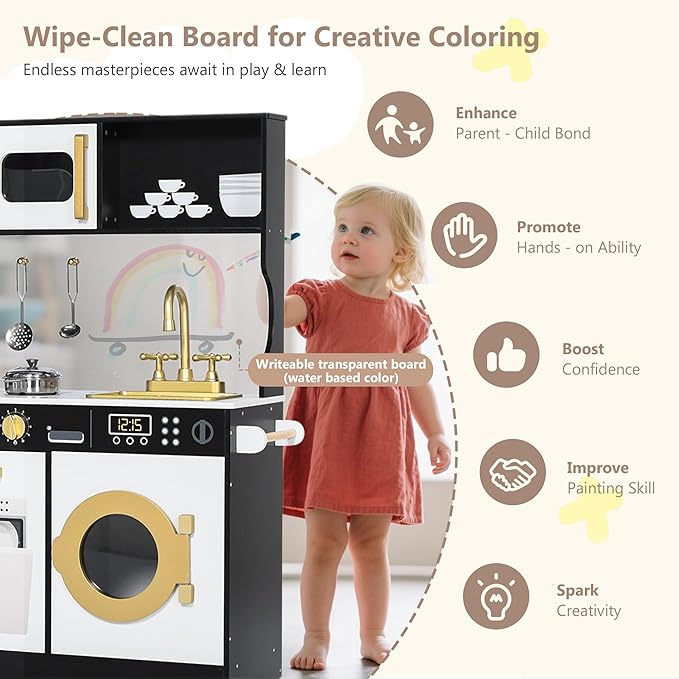 Kinder King Wooden Kids Play Kitchen, Toy Kitchen Playset for Toddler, Play Kitchen Set w/Transparent Coloring Board, Pretend Fridge, Washing Machine, Ice Maker, Gift for Boys Girls Age 3+, Black