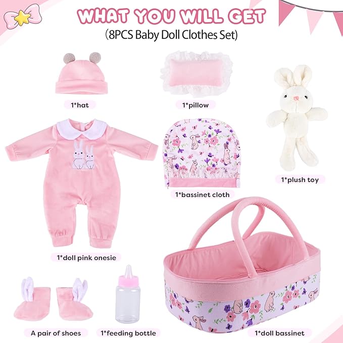 BABESIDE 8 Pcs Reborn Baby Doll Clothes with Bassinet for 17-22 Inch Baby Dolls, Baby Dolls Clothes Doll Accessories Set with Bunny Toy for Newborn Baby Dolls Girl (Not Doll)