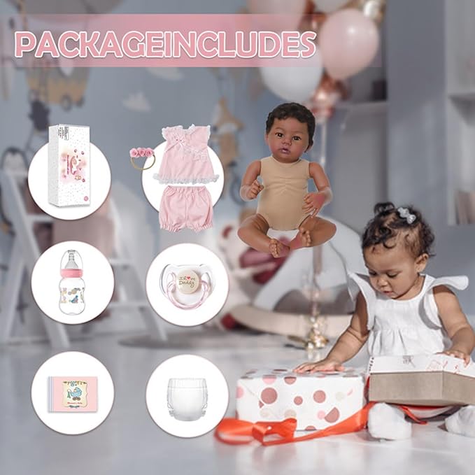 Reborn Baby Doll Black Girl – 18-Inch Realistic Lifelike African American Newborn Handmade Doll with Real Life Soft Weighted Body and Accessories – Gift for Kids Ages 3 and Up
