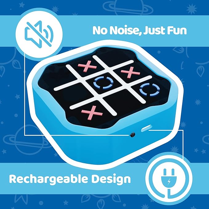 4-in-1 Rechargeable Electronic Tic Tac Toe Game – Handheld Travel Toy with Memory & Whack-a-Mole, Silent Mode, Fun for Kids & Adults, Ages 3+, Blue