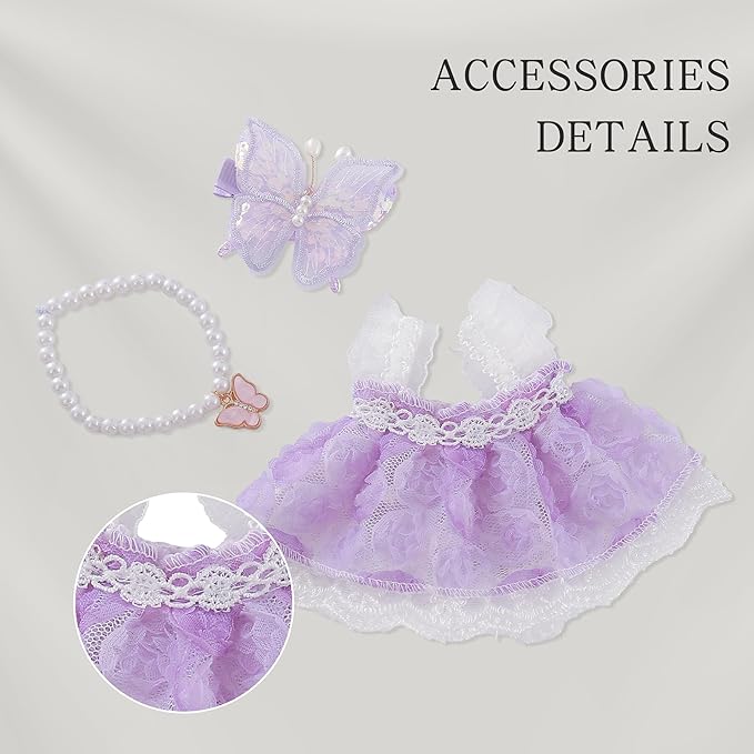 17cm Doll Clothes Set & Dolls Outfit 3-Piece Handmade Doll Clothing Set with Purple Dress Necklace and Butterfly Decor Accessories for 17cm Plush Dolls, Clothes Only, No Doll Included (Purple B)