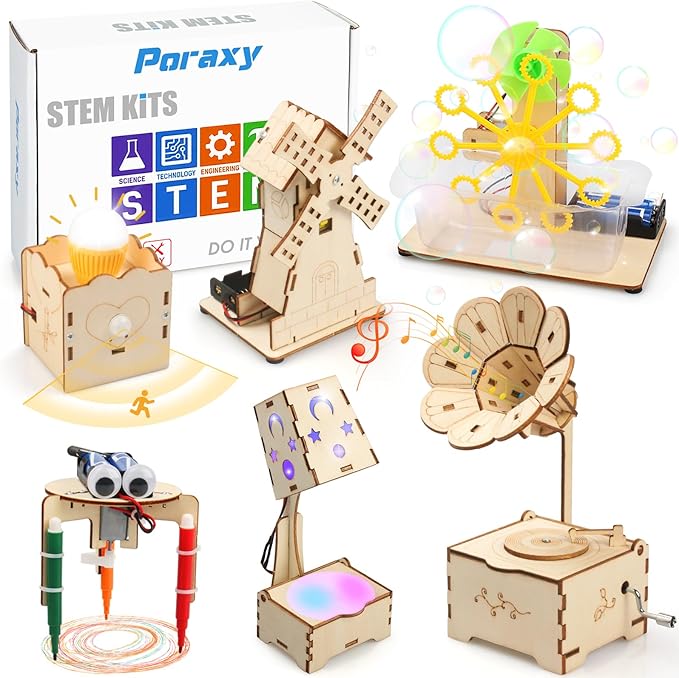 Poraxy STEM Kits for Kids Age 8-10-12, 6 in 1 Science Kits, Wooden 3D Puzzles, Toys for Ages 8-13, Building Projects Crafts Model Kits, Birthday Gifts for Boys Girls Ages 7 8 9 10 11 12 13 Years Old