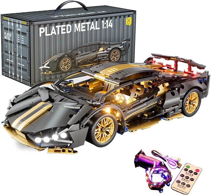 Sport Race Car Building Block Sets for Adults Boys,Black Technical Racing Supercar Toys Kits with LED Light Collectible 1:14 MOC Model Construction Birthday Gifts for Teens Age 8-12 12-16,14+