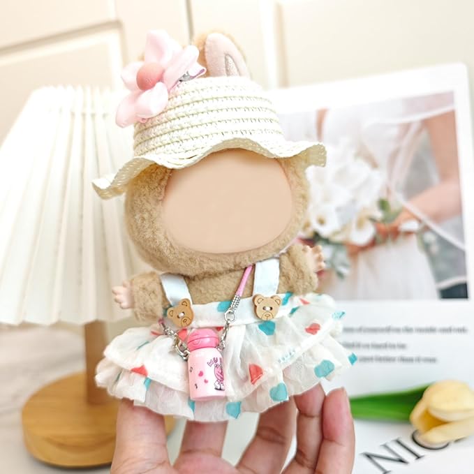 17cm Doll Clothes | Fashion Kawaii Chic Summer Set for Dolls | 4-Piece Outfit with Straw Weave Sun Hat, Floral Decor, Floral Print Dress & Mini Water Kettle (NO Doll)