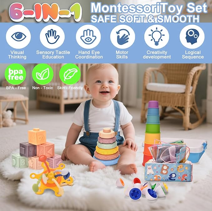 Montessori Toys for Baby 6 Month Old,Baby Toys 6-9-12 Months,6 in 1 Montessori Sensory Toys for 1 Year Old,Stacking Blocks,Tissue Box Toys for Toddlers Birthday Halloween