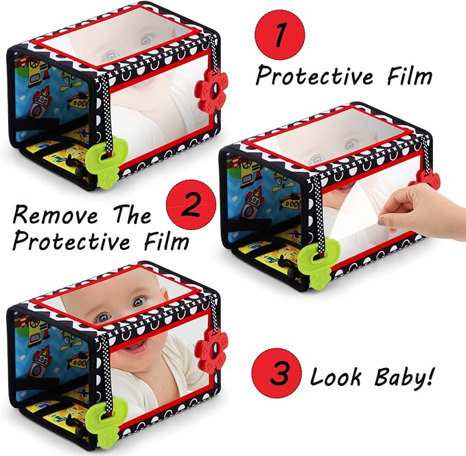 Tummy Time Floor Mirror with Crinkle Cloth Book and Teethers, Double-sided Baby Mirror Black and White High Contrast Baby Toys, Folding Crawling Activity Mat for Infants 3 6 12 Months (B-Mirror+Book)