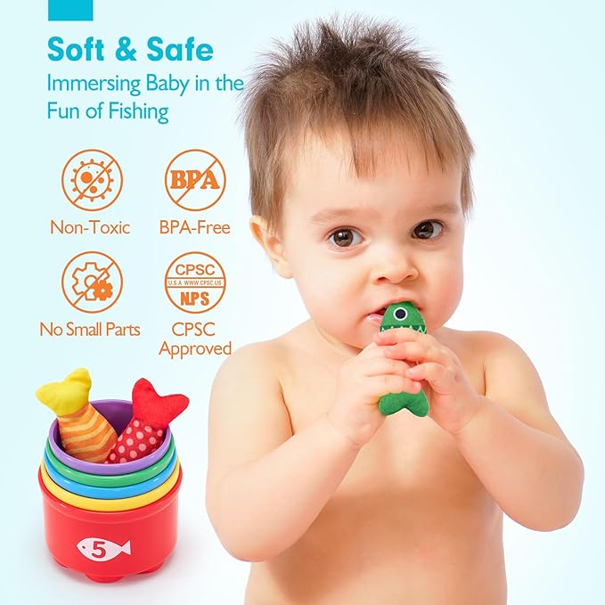 hahaland Toddler Toys Montessori Toys for 1 Year Old Boy Girl Birthday Gift - 10 in 1 Cloth Fishing Game for Toddler 1-3 with Stacking Cups - Number Counting, Color Sorting Learning
