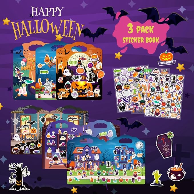 3Sets Halloween Reusable Sticker Books for Kids, Puffy Reusable Sticker Books for Toddlers 2-4 Years, Kids Halloween Party Favors