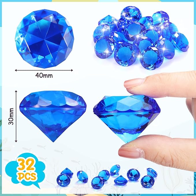 Zomiboo 16 Pcs Acrylic Diamond Large Gems Pirate Round Treasure Toy Gems Treasure Round Gemstones Acrylic Diamond Shaped Gemstones for Home Table Vase Fillers Party Decor (Blue)