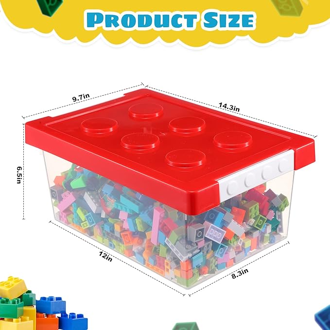 Vicenpal 4 Pack Toy Storage Containers with Lids Brick Shaped Kids Toy Organizer Box Plastic Clear Stackable Bin Chest for Building Block Dolls(Large,Red, Yellow, Blue, Green)