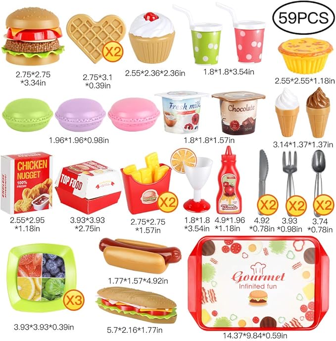 Fast Food Set - 59 PCS Kitchen Toy Set for Pretend Play, Kids Toddlers Play Accessories, Removable Food, Party Favor Christmas Stocking Stuffers