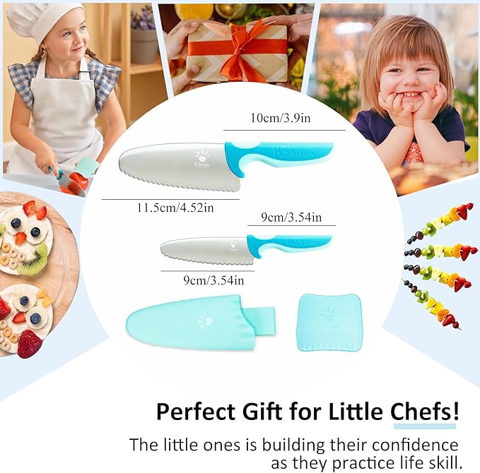 Kibbidea Kids Knife Set - 4 Pcs Kids Safe Cooking Knives, Round Tip, BPA-Free, Stainless Steel, Blue