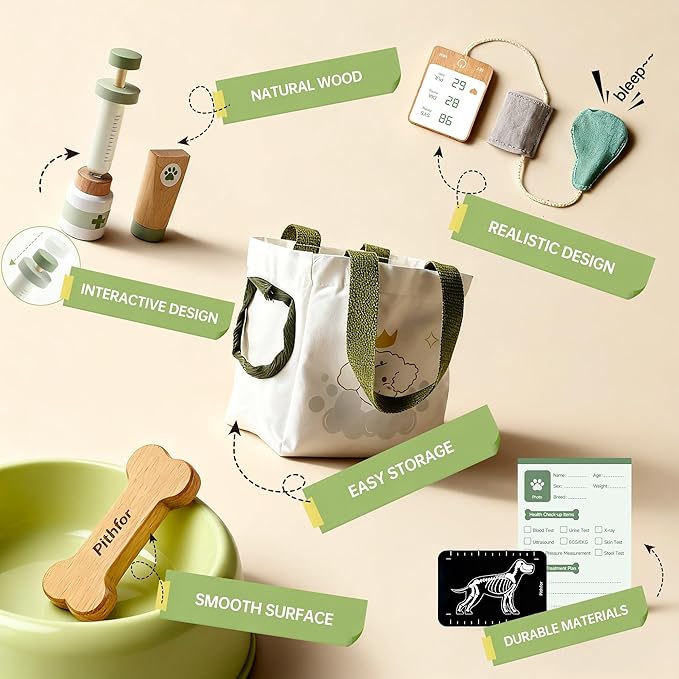 Wooden Doctor Kit for Kids Toddlers, Vet Play Set, Pretend Play Veterinarian Set, Doctor Toys Gift for Boys Girls 3 4 5 6