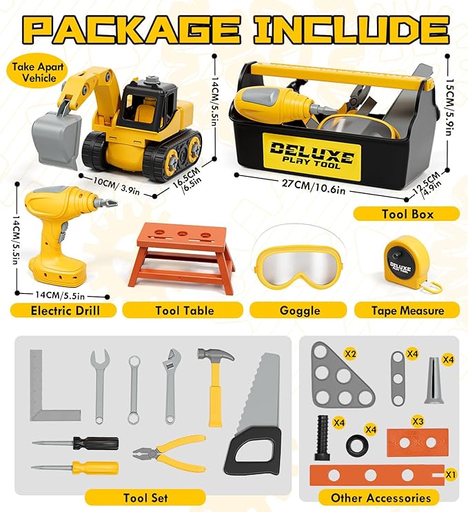 Lehoo Castle Kids Tool Set with Electric Toy Drill and Tool Box, Construction Toys for 3 Year Old Boys Birthday Gift, Pretend Play Toddler Tools for 3-5 Years Old (Yellow)