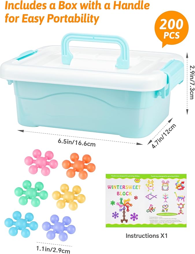 200PCS Interlocking Snowflake Building Block Toy for Kids Ages 3+, Plastic Early Learning Creativity Educational STEM Toy with Carrying Case Safe Material (Macaron Colors)