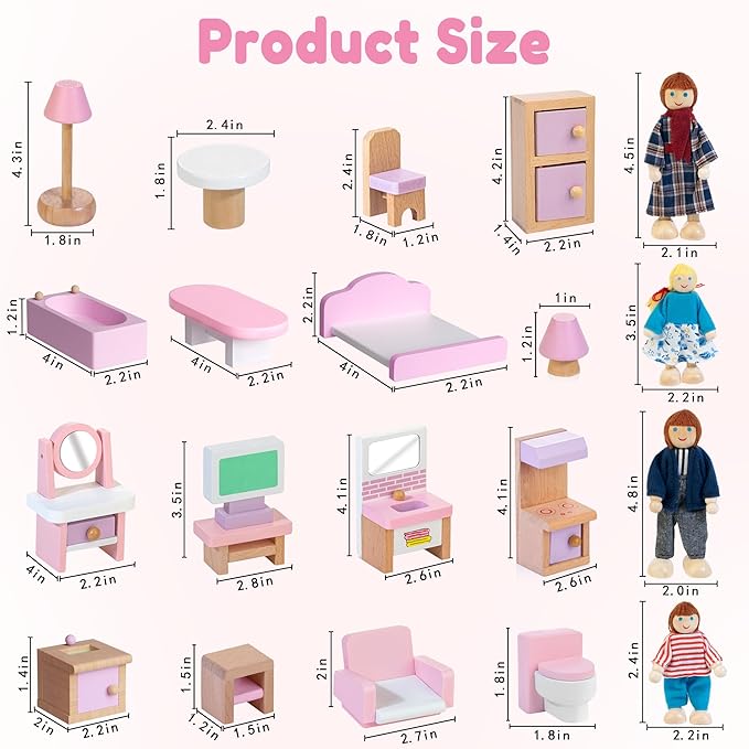 26pcs Wooden Dollhouse Furniture Set with 4 Family Dolls, Pink Dollhouse Accessories for 4 Rooms, Pretend Play Furniture Toy, Birthday Gift for Girls Boys Age 3 4 5 6 Years Old