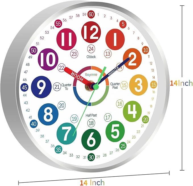 Wall Clock for Kids Learning - Teaching Time Wall Clocks Battery Operated Silent Non Ticking - Analog Colorful Clock Decorative for Kids Room Classroom School(14 Inch&Silver)
