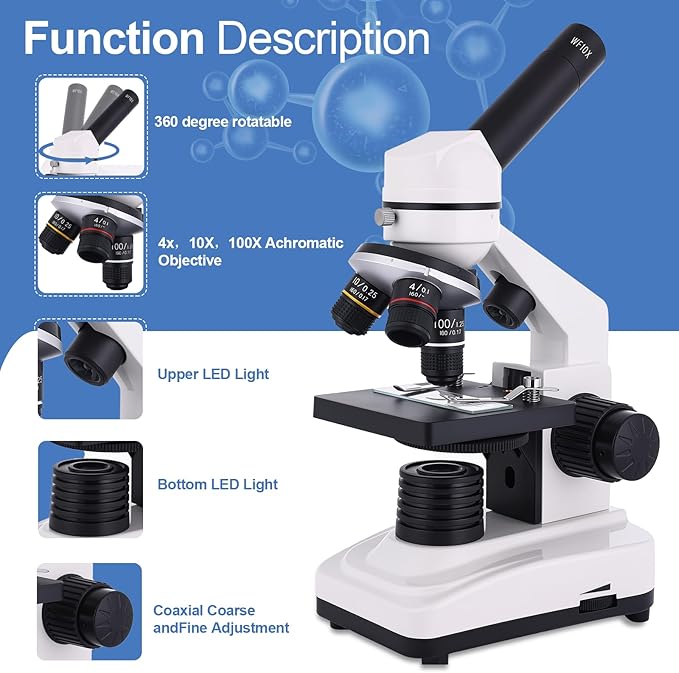 Microscope for Adults & Kids, 40X-2500X High-Power Compound Microscope for Students, School Lab & Home Schooling,Equiped with Slides Set & Phone Holder