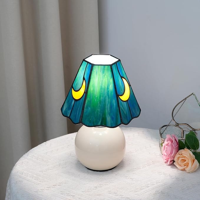 Mushroom Lamp-Small Bedside Table Lamp Tiffany Stained Glass, Nightstand Lamps for Bedroom, Living Room, Cafe, Bulb Included, Unique Aesthetic Home Decor(Sea Blue)