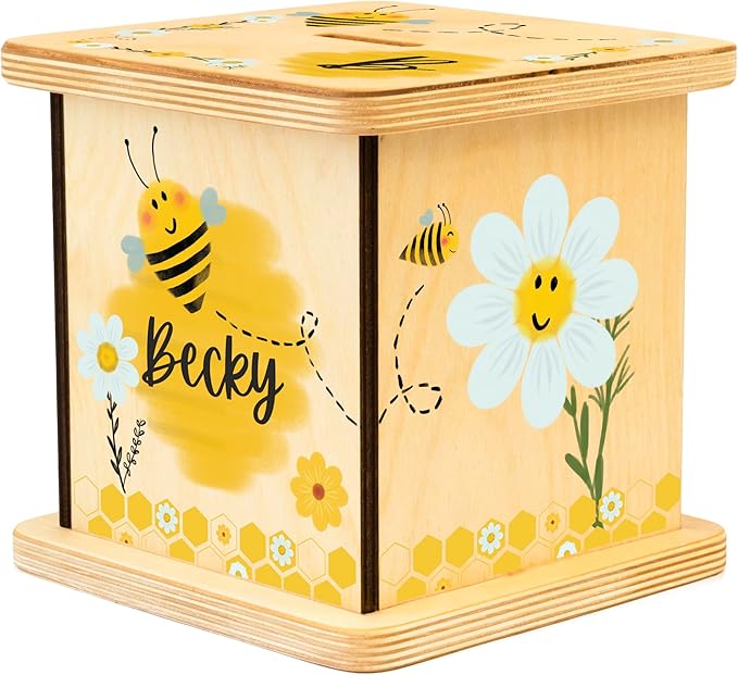 Wooden Piggy Bank for Kids and Adults, Personalized Gift Handmade in USA by BloomOwl, Custom Piggy Bank, Personalized Banks for Kids, Gifts for Baby Boys and Girls (Bee)