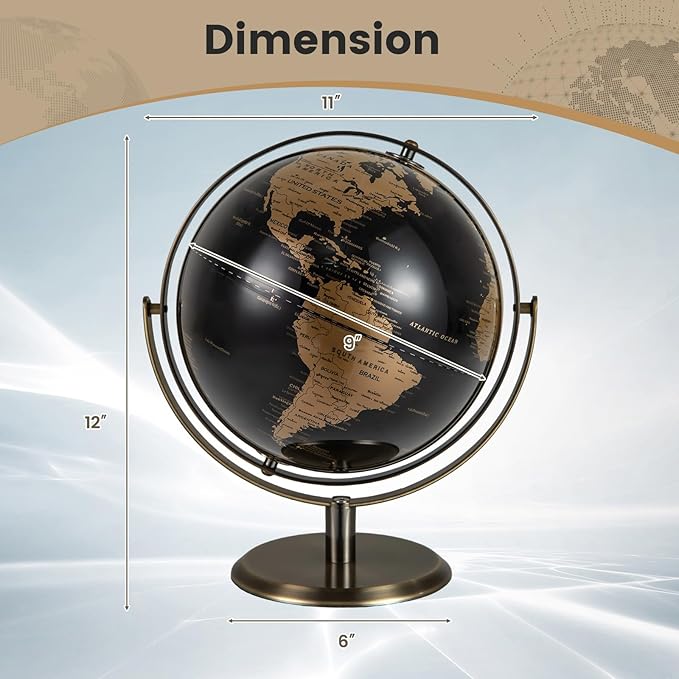 Goplus 9-Inch Metallic Black World Globe, 720° Rotating Earth Globe w/Metal Stand, Educational Learning Toy, Teaching Gift for Kids, Modern Desktop Decoration for Home, Office, School