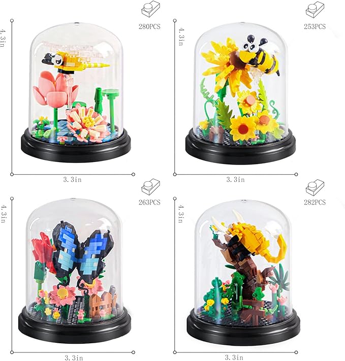 Insect Flowers Collection Micro Building Toy Set with Dust Cover, Flower Plants Bug Botanical Set for Nature Decor, Bug Building Office Home Decorative, Plant Decor Birthday Gift for Adults Kids