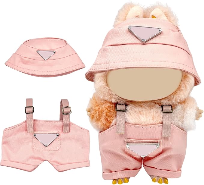 Clothes for 6.7in Plush Doll(NO Doll), Hat & Overalls Set with Triangular Badge, Handcrafted 2-Piece Clothes Set, Fashion Cute Outfit for Dolls Accessories(Pink)