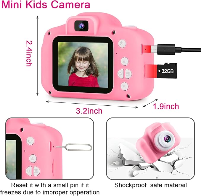 GKTZ Toys for Girls Age 3-8, Kids Camera Digital Video Toddler Camera Children Camcorder Birthday Gifts for 3 4 5 6 7 8 Year Old Girls with 32GB SD Card (Pink)