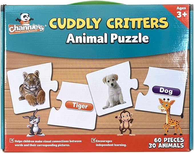 Channie's Cuddly Critters Animal Puzzle - Fun and Educational Preschool Game for Kids Ages 4-8, Toddler Toy with Farm and Dinosaur Theme, Jigsaw Activity Puzzles for Name Recognition and Spelling