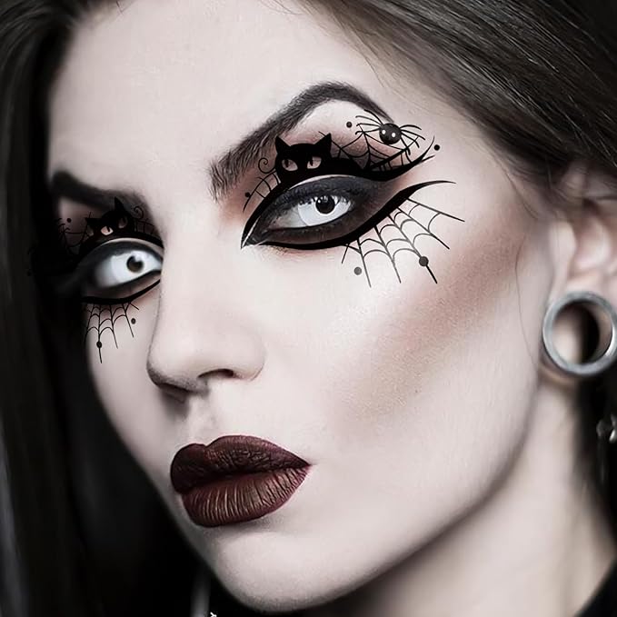 24pcs Halloween Face Temporary Tattoo, Upper & Lower Lash Designs Waterproof Fake Tattoos Stickers with Spooky Motifs for Men & Women Stage & Festive Looks & Cosplay Party Realistic Face Makeup