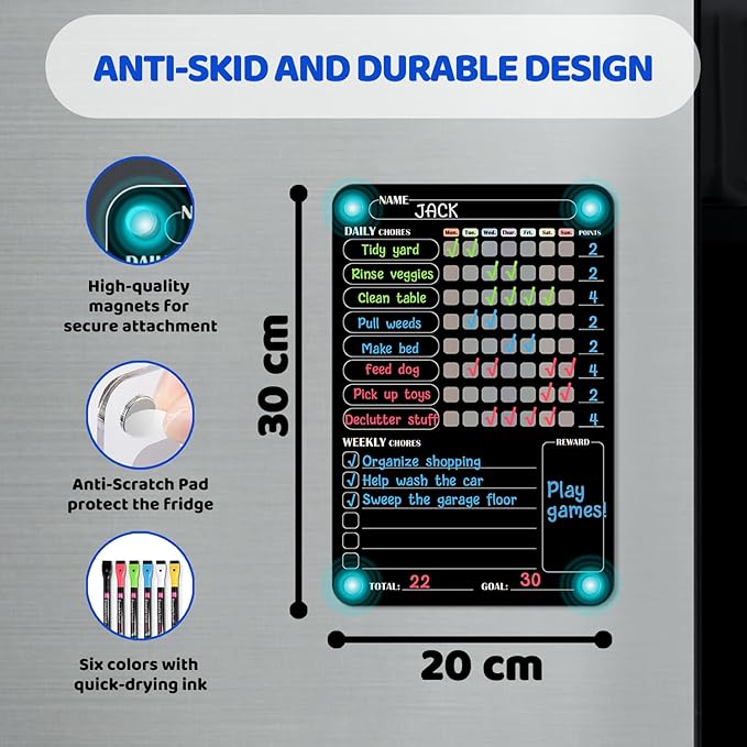Acrylic Magnetic Chore Chart for Kids Multiple Kids, Clear Chore Board for Fridge Refrigerator, Behavior Reward Responsibility Chart, 2 Dry Erase Chores Chart for Kid with 6 Markers & Anti-Scratch Pad