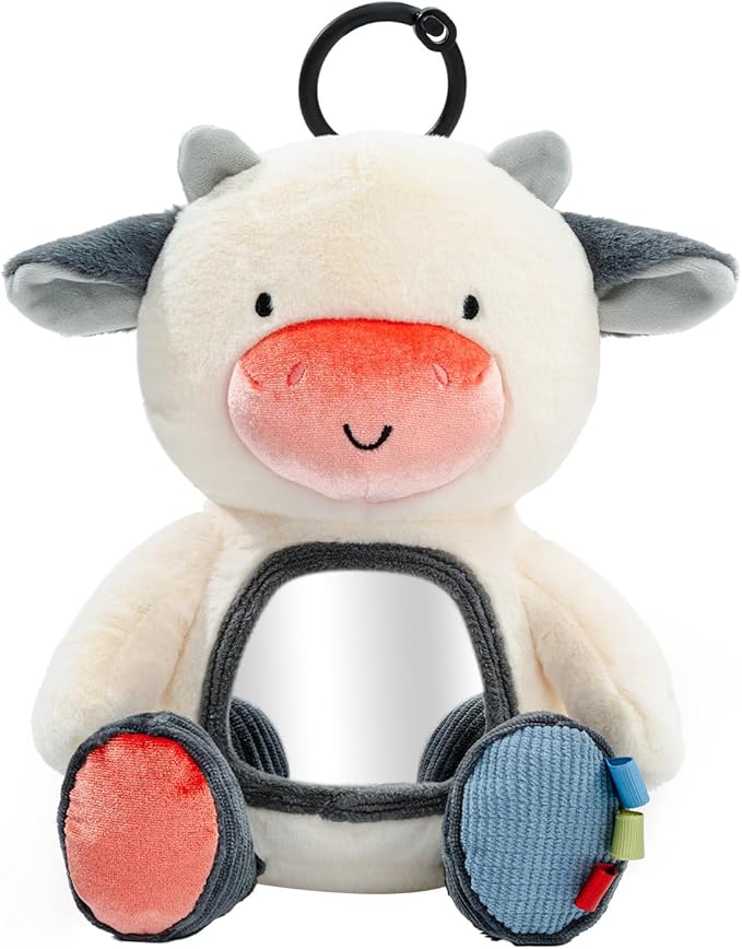 Koty Musical Tummy Time Toy,Baby Mirror Toy 3 Years Old, Infant Sensory Toy with Crinkle Sounds, Textures, Mirror & Melody Music Box for Tummy Time and Self-Discovery (White Cow)