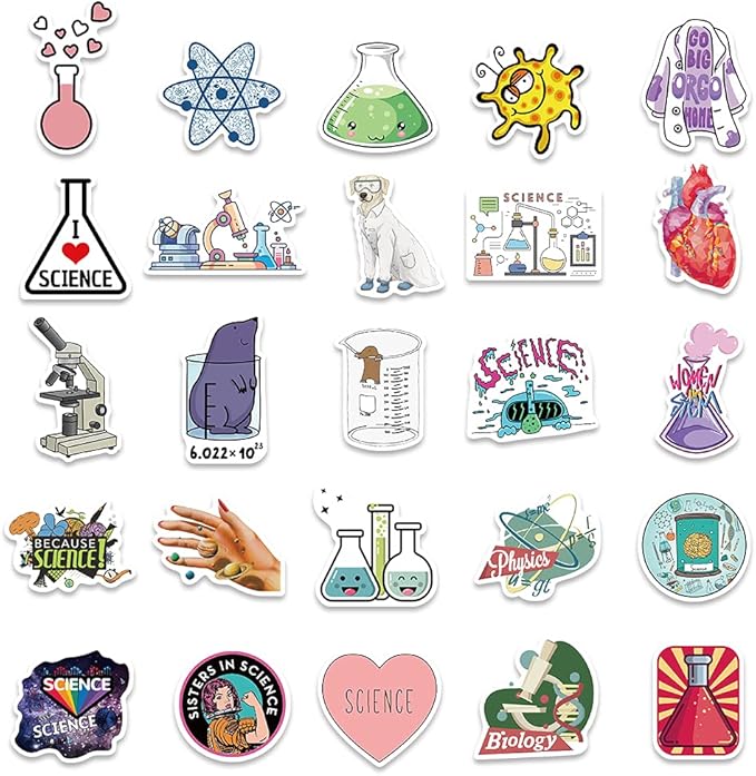 Aowplc 100 Pcs Natural Sciences Stickers Pack, Physics, Chemistry, Biology Experiment Vinyl Stickers, Student Science Laboratory Decals for Laptop, Water Bottle, Notebook, Luggage, Computer Decor