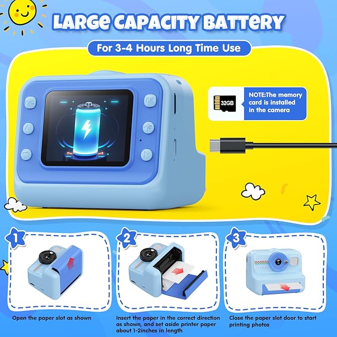 Kids Instant Print Camera - 1080P HD, 3 Rolls Paper & 32GB Card, Ideal Gift for Boys & Girls Age 3-14 (Blue)