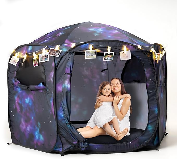 Kids Pop Up Play Tent with Fairy Lights, Hexagonal House with Removable Mat, Indoor Playhouse for Children, Galaxy Theme Gift for 3-4 Kids