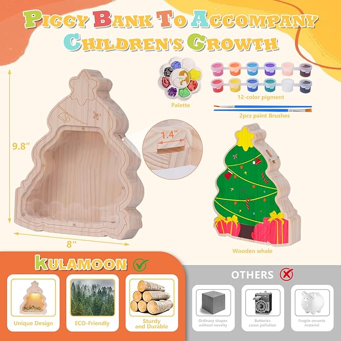 Wooden Piggy Bank for Kids, DIY Night Light Personalized Money Bank for Boy, Girl, Unbreakable Saving Box with Paintbrush and 12 Paints, Coin Jar Gift for kids Birthday&Decor (Xmas-tree）