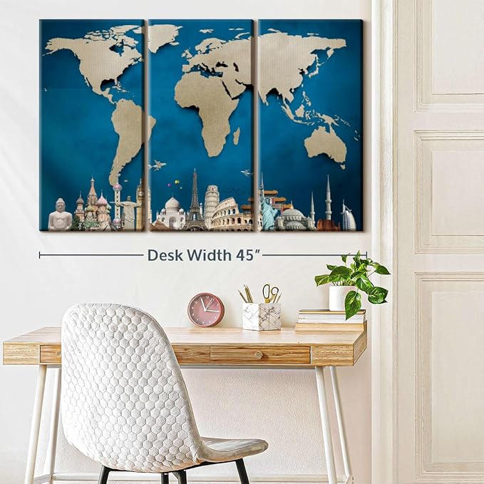 ElephantStock Ocean Blue World Map Multi Piece Canvas - 3 Panel Wall Decor - Map of the World Art - Canvas for the Office and Home - 45" X 28"