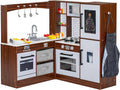 Corner Play Kitchen for Kids, Wooden Toddler Kitchen Playset w/Faucet, Sink, Microwave, Oven, Apron, Blackboard, Storage Cabinets, Pretend Cooking Toys w/Sound & Light Gift for Ages 3+