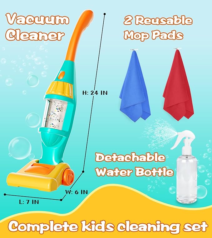Toddler Vacuum Toy That Works with Lights & Sounds, Pretend Play Toy Vacuum for Toddlers 3-5 Years Old, Baby Vacuum for Boys Girls, Kids Vacuum Cleaner Cleaning Toys with Spray Bottle, 2 Towels
