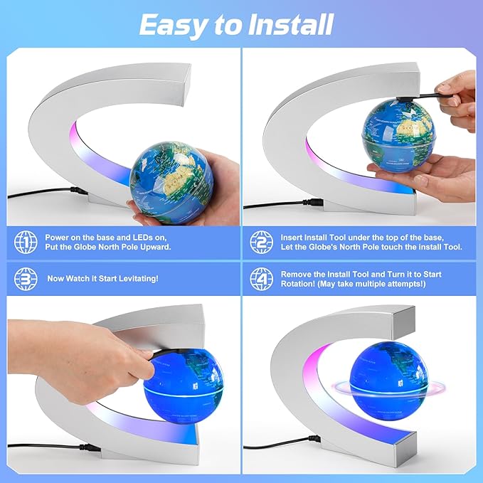 Magnetic Levitating Floating Globe Lamp with Multicolor LED Lights, Cool Gadgets C Frame Floating Globe for Office Home Desk Decor, Cool Tech Gift for Men Father Husbands Boys and Girls