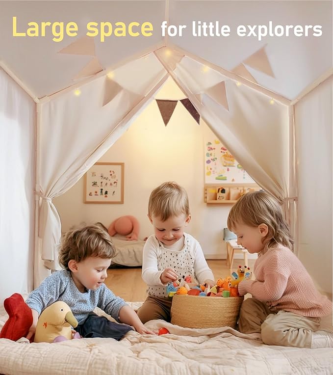 Kids Tent, Play Tent with Star Lights, Large Play Tents with 2 Windows, Kids Playhouse Indoor & Outdoor, Reading Nook, Christmas Toddler Tents for Girls & Boys, 52" x35" x 51", Cream