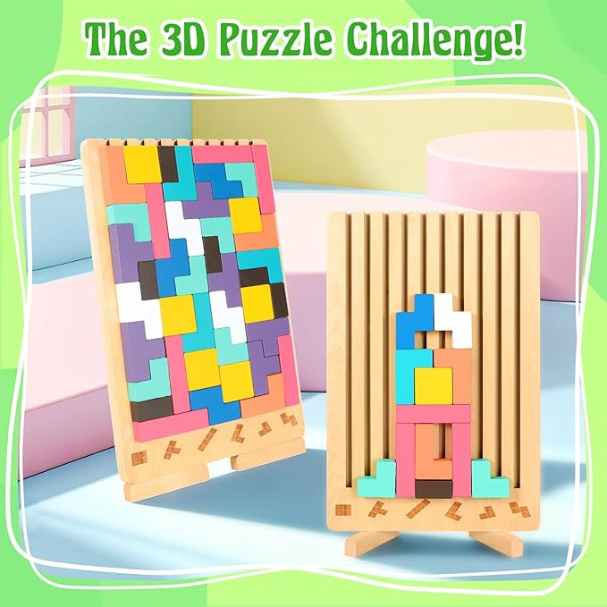Wooden Stacking Puzzle Toy, Montessori Brain Blocks Toys, 3D Brain Teaser Puzzles for Kids Adults, Indoor Recess Games Classroom for Toddlers Ages 3-5 6-8, STEM Educational Logic Game