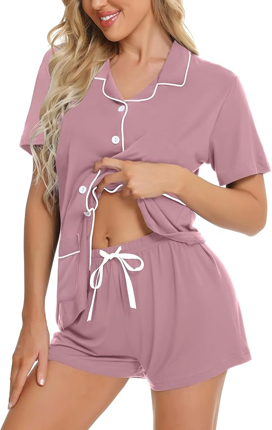 SWOMOG Womens Button Down Pajamas Set Short Sleeve Sleepwear Bride Soft Pj Lounge Sets XS-3XL