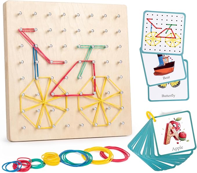 Wooden Geoboard with Rubber Bands, STEM Educational Toy for Spatial Reasoning and Fine Motor Skills Kids 3 Years+