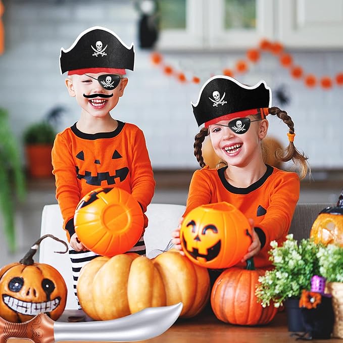 Legigo 18 Pcs Funny Pirate Party Set- Include 6 Pirate Hats, 6 Eye Patches, 6 Inflatable Swords for Pirate Party Cosplay Caribbean Dress Accessories