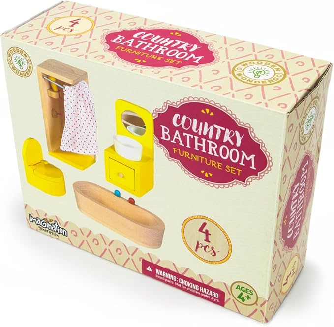 Wooden Dollhouse Furniture|Made of Safe Wood and Bright Water-Based Paint|Compatible with Most Doll Houses|Bathroom